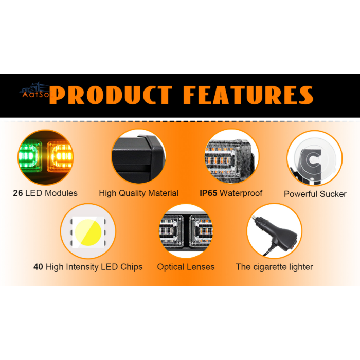 AAT-FE208 Luces estroboscópicas LED para tablero de automóvil, luces intermitentes de emergencia para parabrisas, barra de luz de advertencia con montaje con ventosas