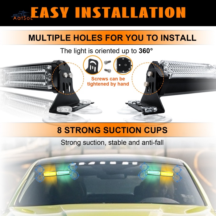 AAT-FE208 Luces estroboscópicas LED para tablero de automóvil, luces intermitentes de emergencia para parabrisas, barra de luz de advertencia con montaje con ventosas